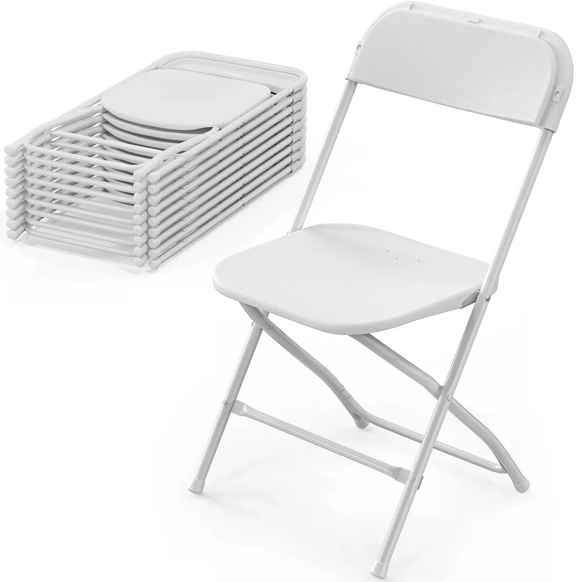 White folding chairs, including a stacked group