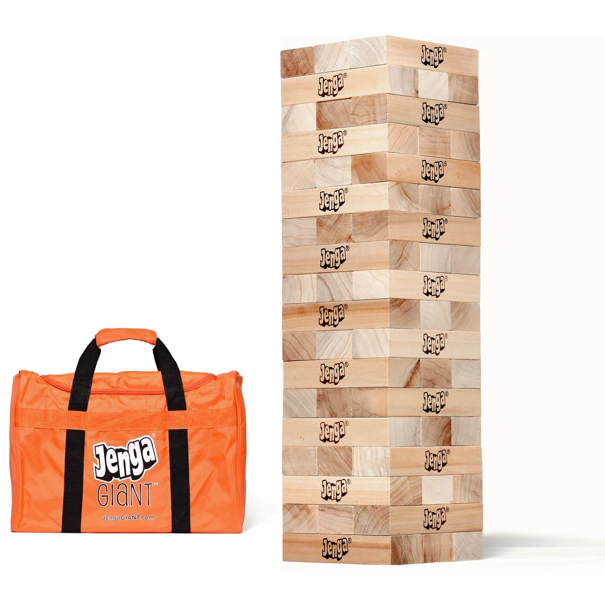 Giant wooden stacking block game with carrying bag