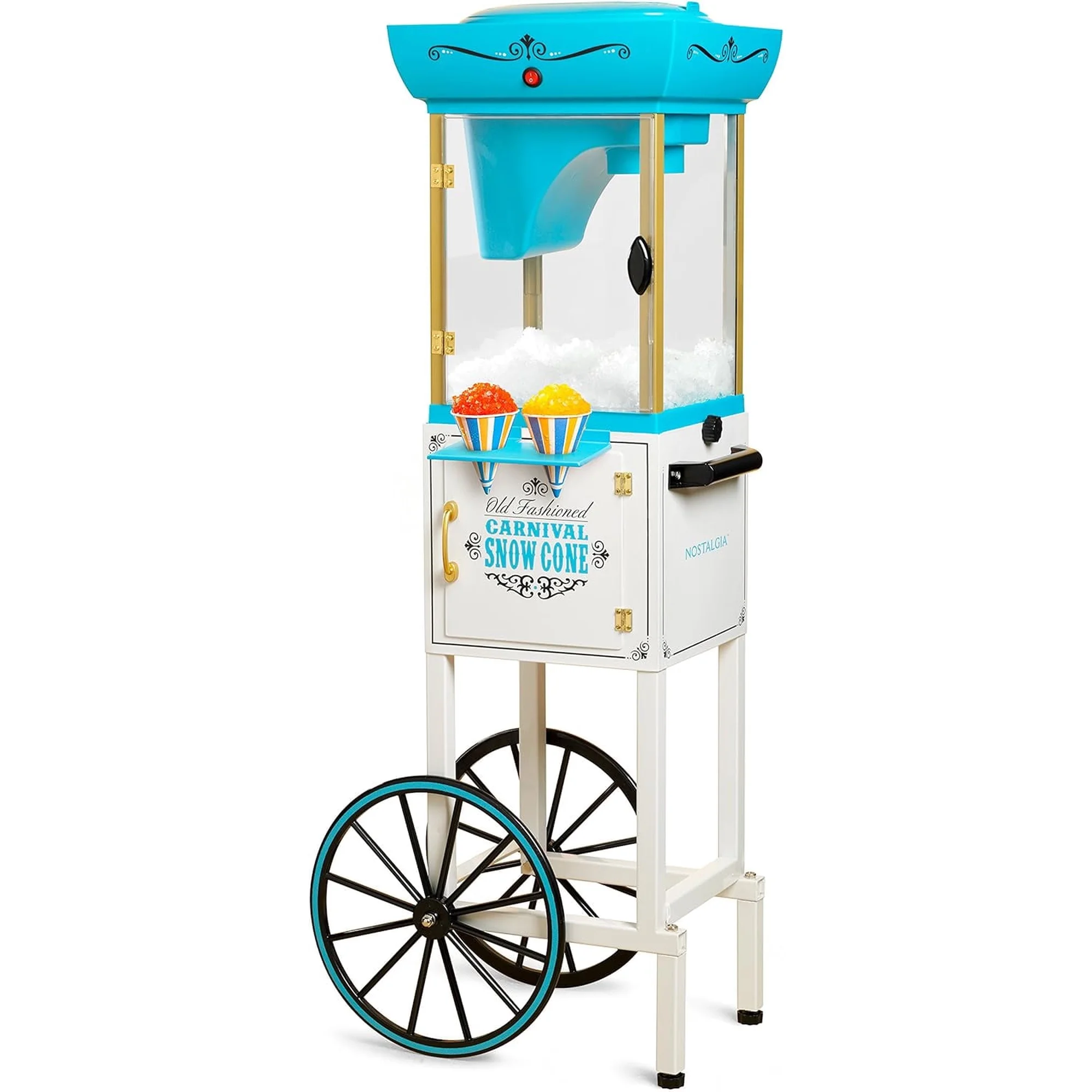 Blue and white vintage-style snow cone machine on a cart